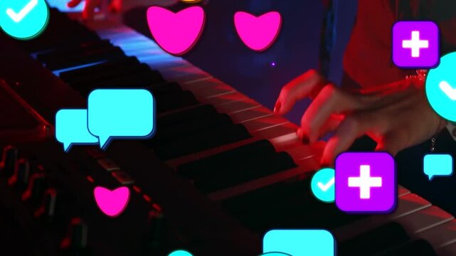 Woman playing keyboard in red blue lights, sending music buzz with reaction icons obscuring hands
