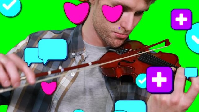 Vertical video: Violinist starting playing music, bowing strings on screen while icons overlaying
