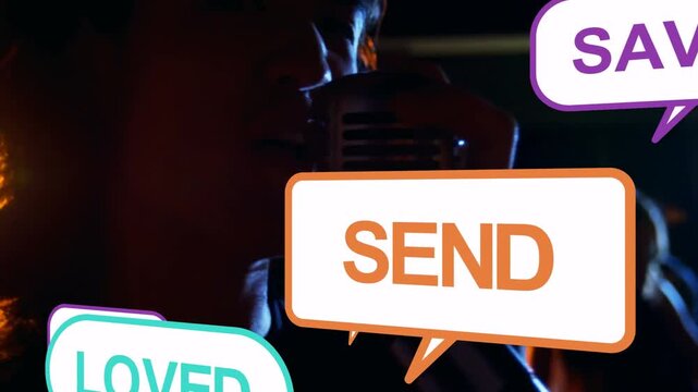 Male singer with vintage mic singing, CTAs stacking and obscuring, driving music engagement