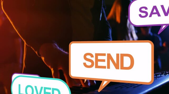 Vertical video: Keyboardist hands moving, sparking speech bubbles over keys for music promo