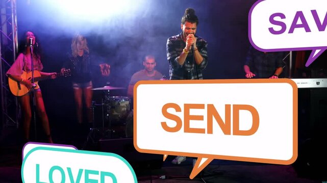 Lead singer, band playing on foggy stage, bubbles sliding from frame 3, stacking, urging subscribe