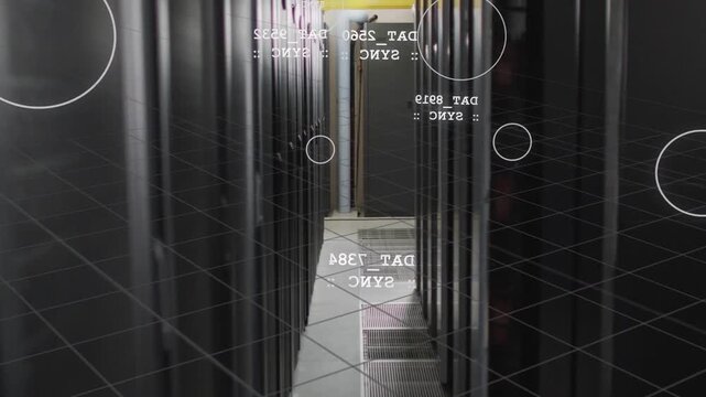 Camera starting forward tracking down narrow rack aisle revealing vent, conduit, HUD syncing status