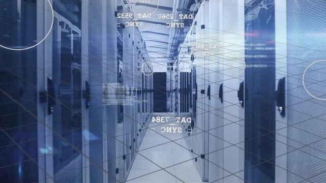 Dolly moving down central aisle HUD overlays rising and syncing with datacenter LEDs for monitoring