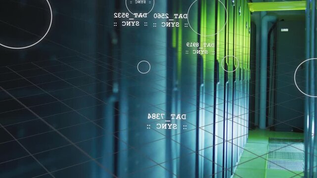 Vertical video: Camera panning right showing server racks, HUD circles and labels syncing for ops