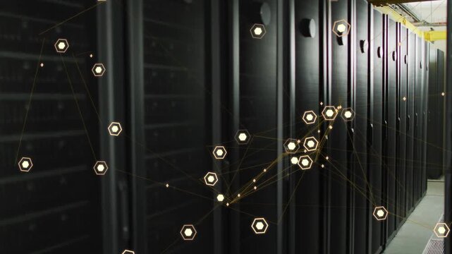 Server rack row running in DC aisle, overlay fading in and clustering into hexagons for monitoring