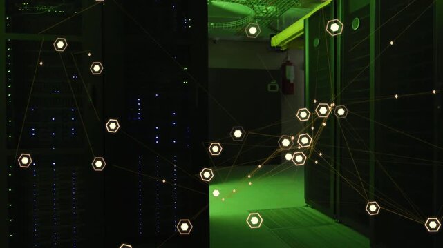 Showing server rack cabinets glowing with LEDs and animated hexagon nodes across dim corridor