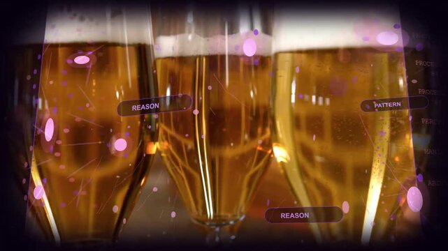 Camera pushing, three beer glasses showing foam, sliding UIs and labels marking brew pattern promo