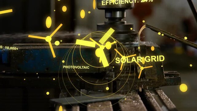 HUD appearing, spindle engaging workpiece, cutting and spraying coolant, showing solar grid