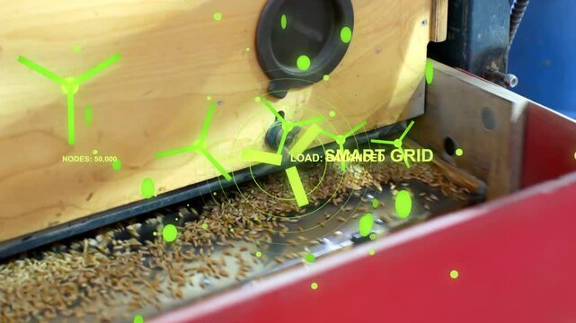Rotor starting, 3-blade impeller pushing shavings while green HUD appearing and tagging SMART GRID
