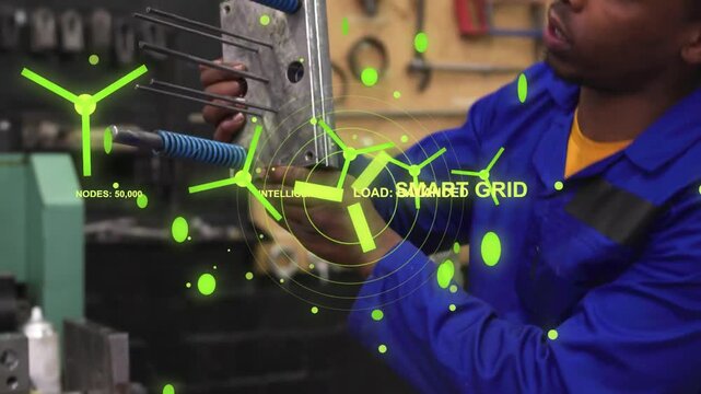 Energy tech adjusting component on bench activating AR HUD tracking it and checking three rods
