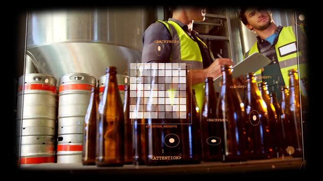 Camera revealing staff, two brewery workers writing notes, lifting sample, inspecting color quality