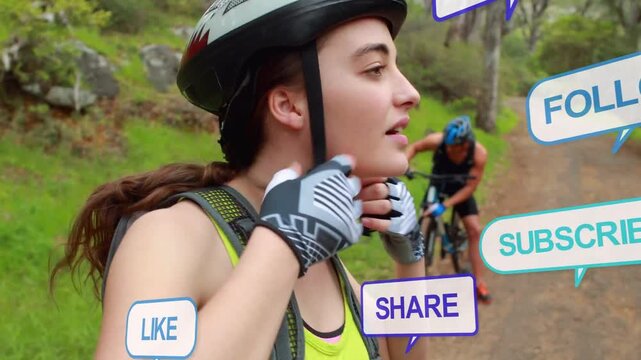 Camera pullback showing female cyclist fastening helmet while social icons floating, preparing ride