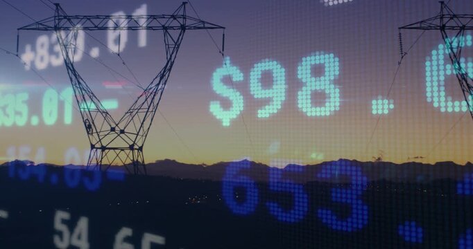 As dusk deepening, numeric overlay appearing over tower, changing values and showing market trends