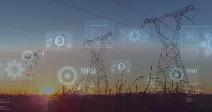 Three power towers standing as lens flare brightening, HUD overlays emerging, visualizing grid data