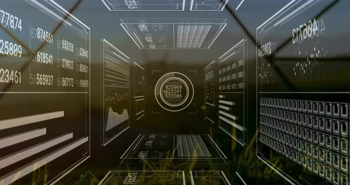 Clear wireframe tunnel on grass, live data driving graphs, central circle updating for tech demo