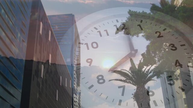 On playback start, clock hands rotating clockwise with opacity shifting across city showing time