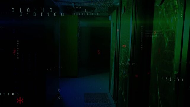 Server-room corridor filling with flowing code and binary appearing on network input, showing data
