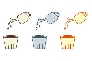 種をまいた植木鉢に水やりをするじょうろの3色セット（ガーデニング・家庭菜園・シンプルイラスト素材） © atumeru