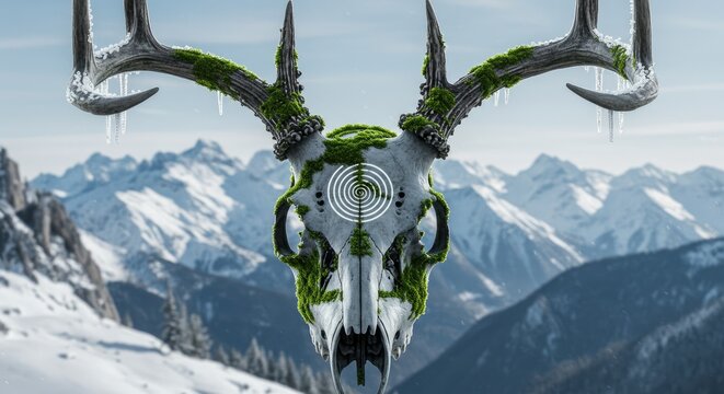 Deer skull with antlers and target overlay against snowy mountain backdrop