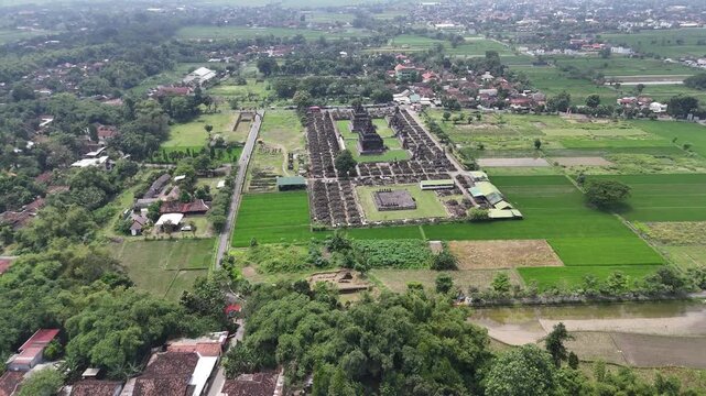 Aerial view of Candi Plaosan (Plaosan Lor) Buddhist temple complex, Central Java, Indonesia