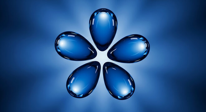 Abstract flower shape composed of five blue oval droplets against a blurred blue gradient background, suggesting health or water, gel capsule