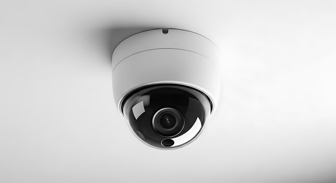 White dome security camera fixed to a bright white ceiling provides indoor surveillance for commercial property safety and crime prevention systems