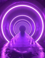 Fototapeta premium Futuristic tunnel with glowing purple lights, smooth reflective floor, sleek walls, and abstract circular patterns for a modern aesthetic.