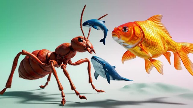 Giant insect interacting with small marine mammals in surreal setting