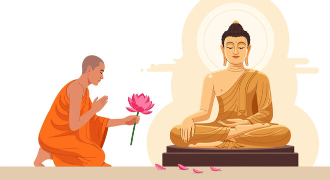 Buddha statue with monk offering flower.