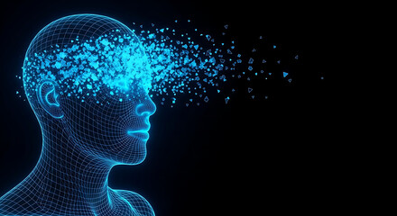 Obraz premium Abstract digital representation of a human head composed of glowing blue particles disintegrating into smaller elements against a black background, signifying AI or data transfer
