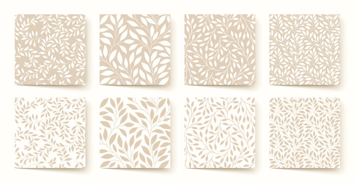 Set of seamless vector botanical leaf patterns in beige, cream, and ivory tones