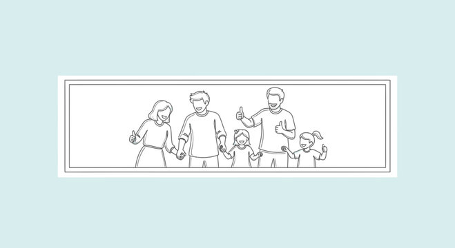Joyful family portrait in minimalist line art style expressing approval and togetherness