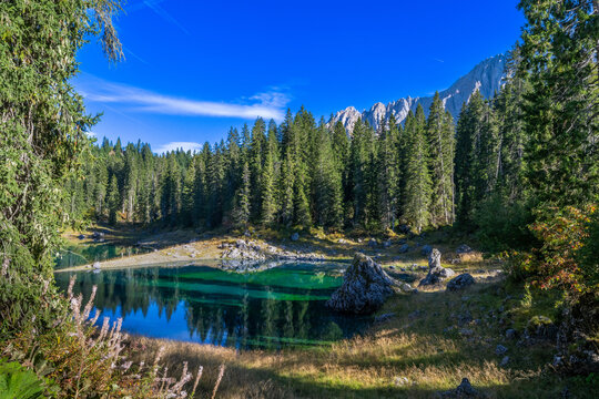 Lake de Carezza, Karer See ESTE, Carezza al Lago, Gruppo del Latemar mountains, South Tirol, Autonomous Province of Bolzano, Alto Adige, Italy