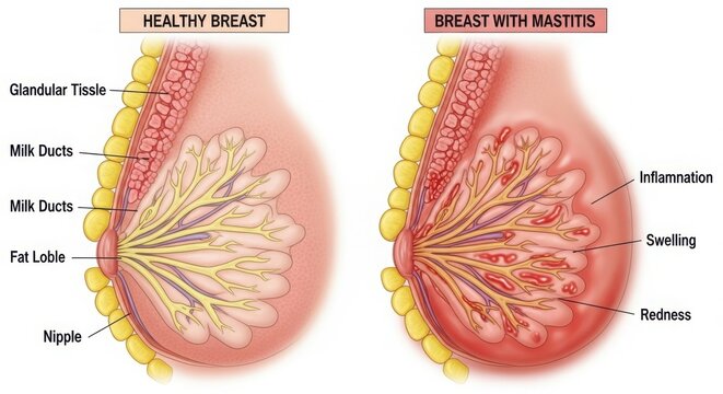 Breast anatomy comparison healthy versus mastitis condition