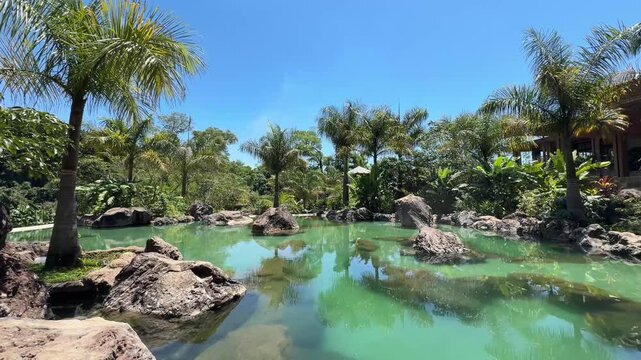 Peaceful tropical lagoon with palm trees, clear green water and rocks under bright blue sky in El Zur, Guatemala. Perfect destination for travel, relaxation and nature escape.
