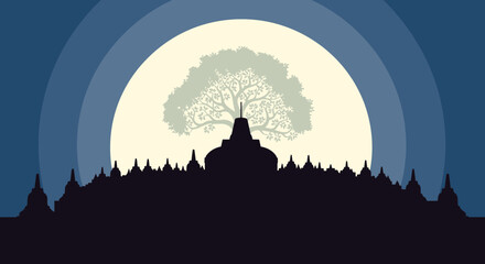 Fototapeta premium Silhouette of temple at full moon.