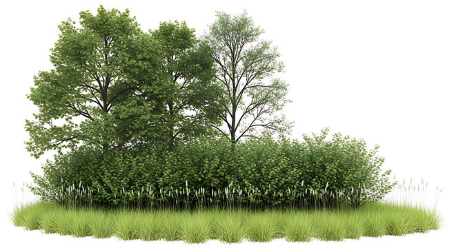 Realistic illustration of a dense cluster of various green trees and bushes isolated on a white background with clipping path