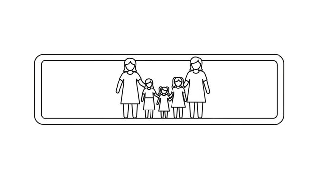 Minimalist line art depicting a joyful family unit featuring two mothers and their three children