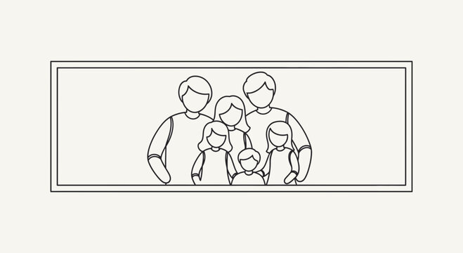 Minimalist monochrome line art illustration of a loving family portrait with two parents and three