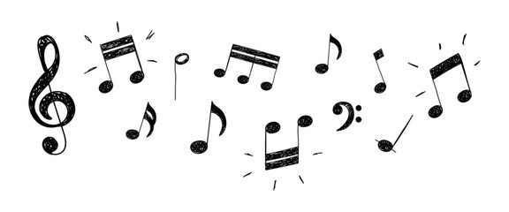 Obraz premium Set of musical notes drawn in hand sketch pencil style. Artistic vector illustration with shaded strokes isolated on transparent background, ideal for music design, decoration, and creative projects