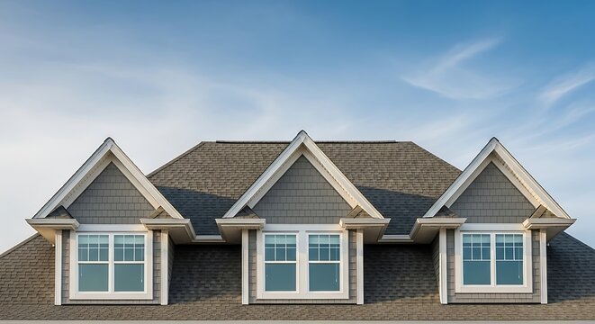 A view of the upper roof and three dormer windows of a residential house against a blue sky