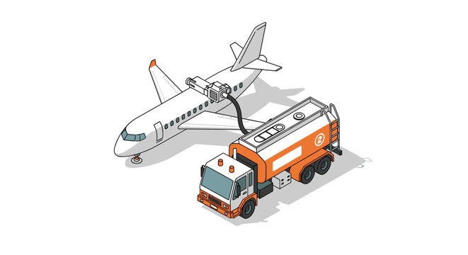 Isometric illustration of an airplane being refueled by a fuel truck on a white background.