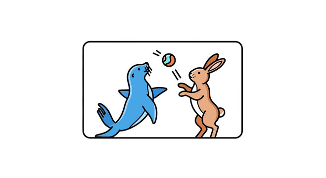 A whimsical illustration featuring an aquatic mammal and a terrestrial lagomorph engaging in a