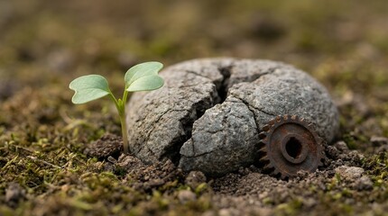 Obraz premium Symbolic close-up: new life's business thrives amidst decay, a testament to natural resilience.