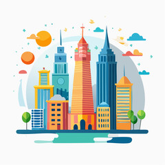 Fototapeta premium Abstract cityscape illustration featuring colorful skyscrapers and whimsical clouds