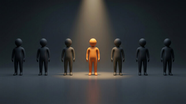 An individual person stands brightly illuminated by a focused spotlight, distinguishing themselves from a uniform line of dark, unlit figures in a powerful visual representation of uniqueness.