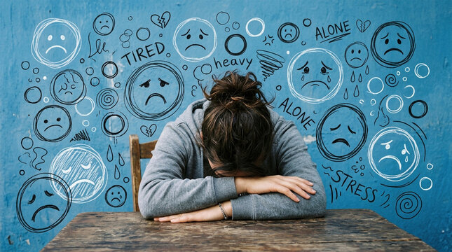 A young person with their head down on a table is surrounded by hand-drawn sad faces and words indicating stress and loneliness, representing emotional distress and mental health struggles.