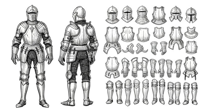 Medieval knight armor components and full suits illustration