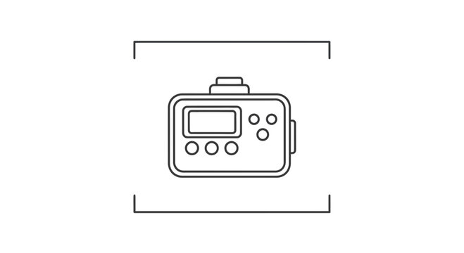 Minimalist black line icon portraying a portable digital instrument with a display and control