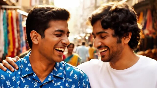 Two men laughing and smiling at each other on a busy street